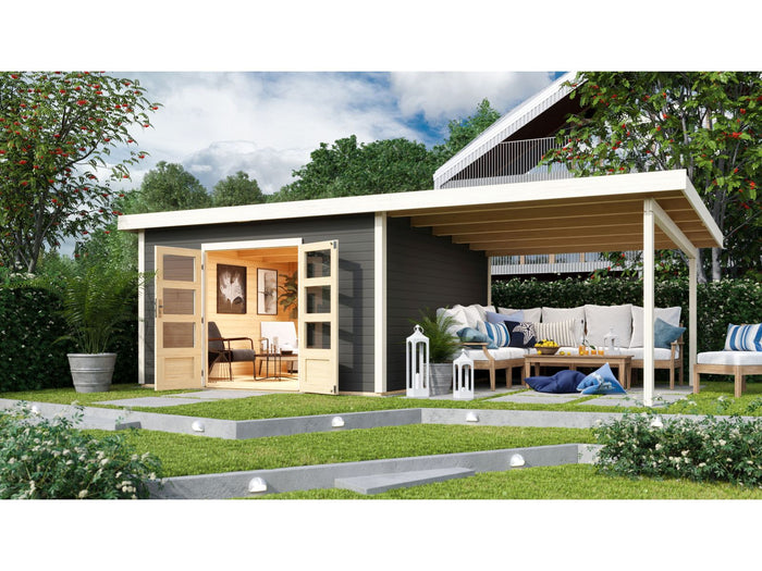 Karibu Gartenhaus Northeim 5 terragrau mit Anbaudach 3 m