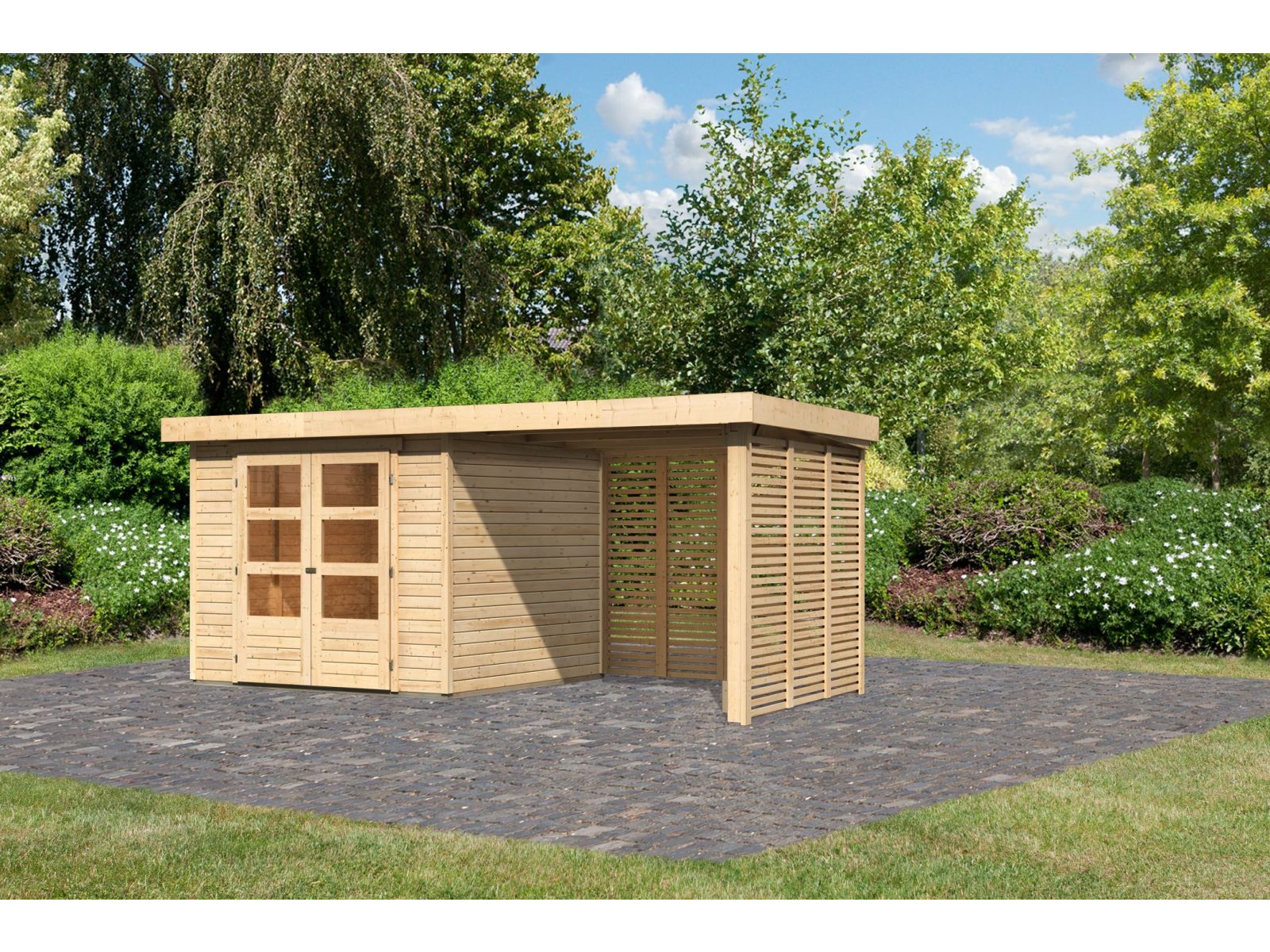 Karibu Gartenhaus Askola 3,5 mit Anbaudach 2,4 m mit Lamellenwänden