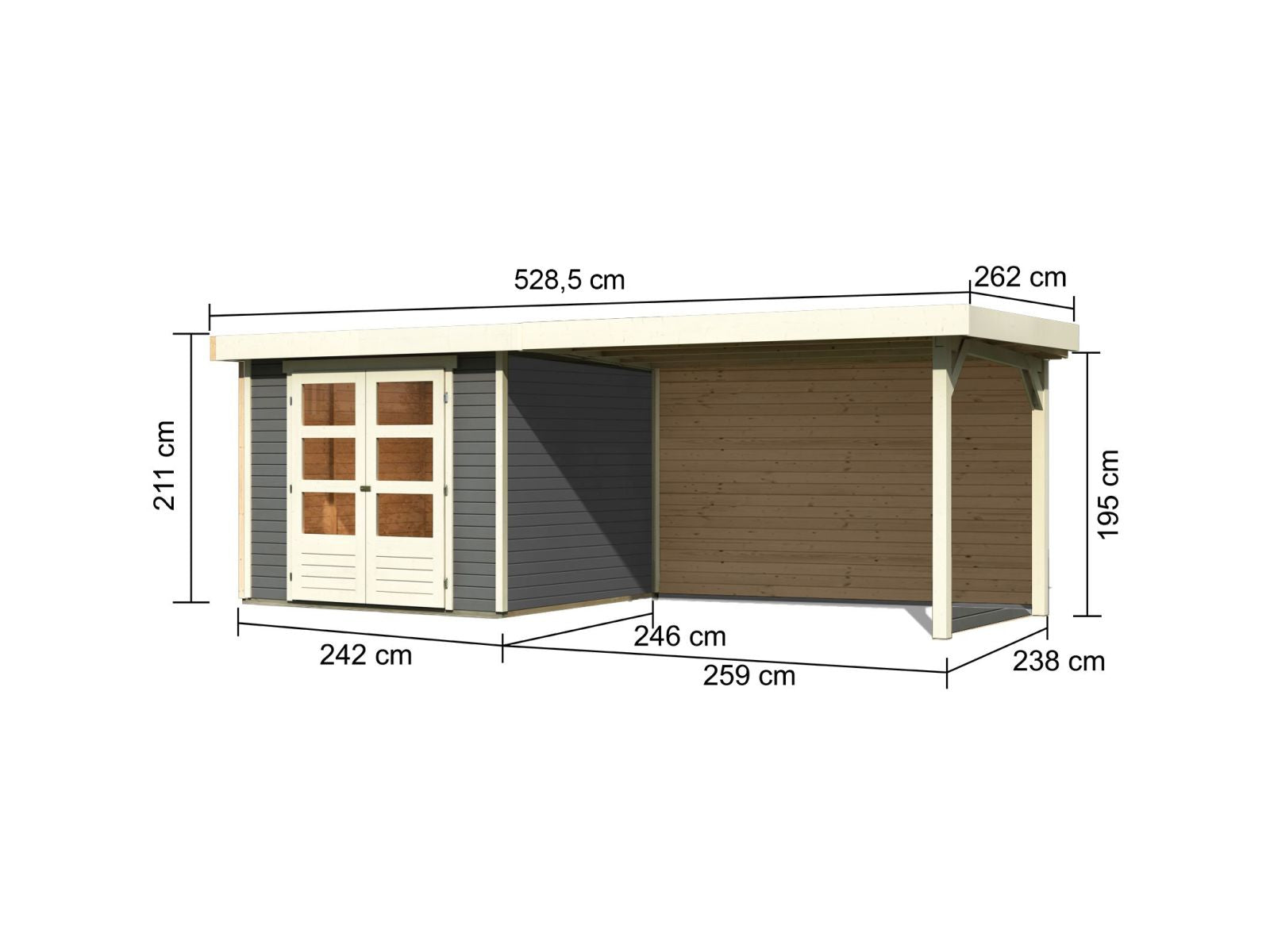 Karibu Gartenhaus Askola 3,5 mit Anbaudach 2,8 m, Rückwand in terragrau