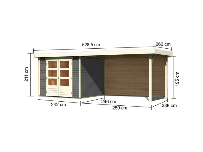Karibu Gartenhaus Askola 3,5 mit Anbaudach 2,8 m, Rückwand in terragrau