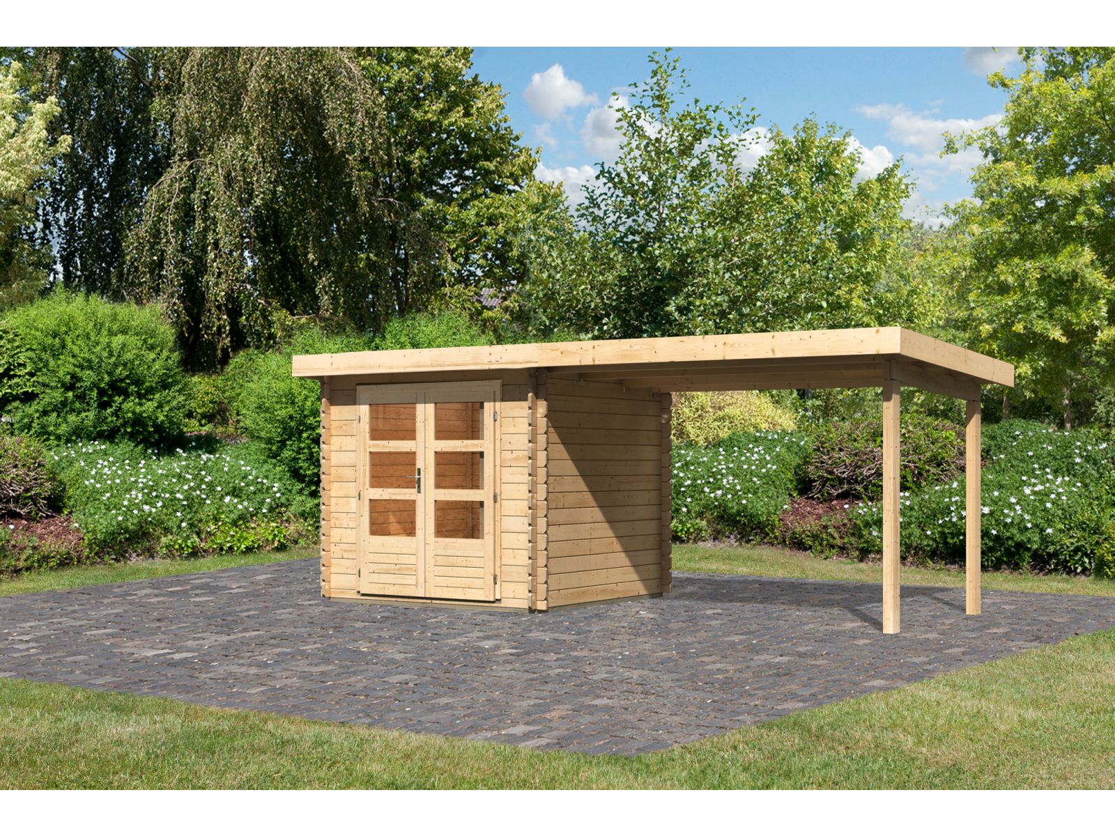 Karibu Gartenhaus Bastrup 2 mit Anbaudach 3 Meter natur