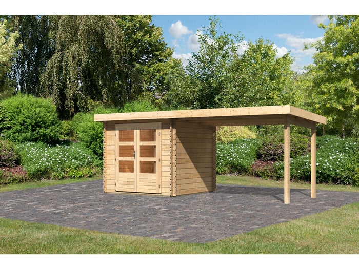 Karibu Gartenhaus Bastrup 2 mit Anbaudach 3 Meter natur