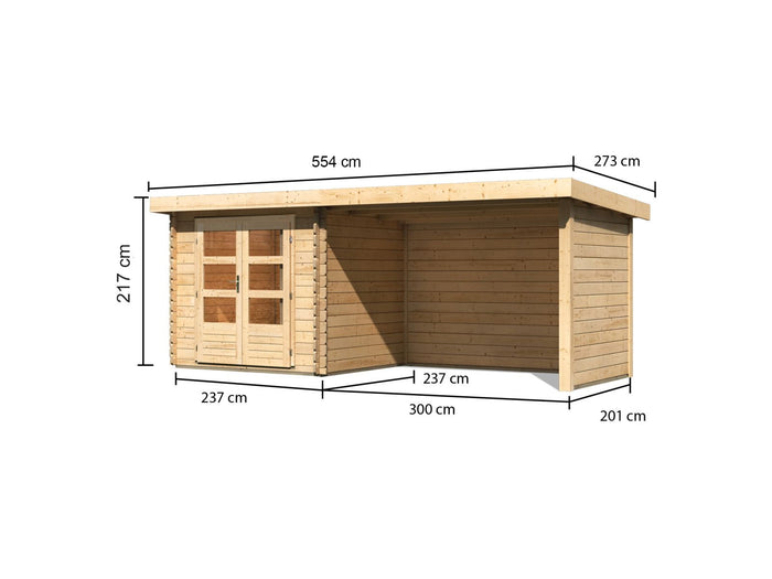 Karibu Gartenhaus Bastrup 2 mit Anbaudach 3 Meter inkl. Rück-und Seitenwand