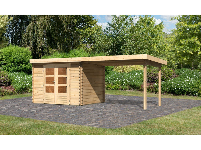 Karibu Gartenhaus Bastrup 3 mit Anbaudach 3 Meter natur