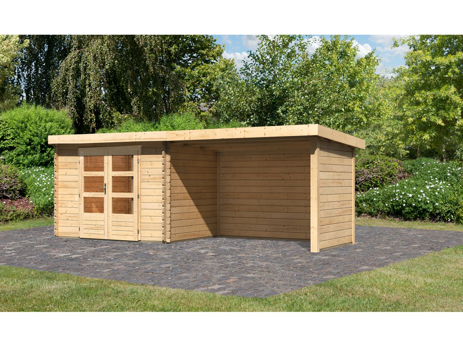 Karibu Gartenhaus Bastrup 3 mit Anbaudach 3 Meter inkl. Rück-und Seitenwand