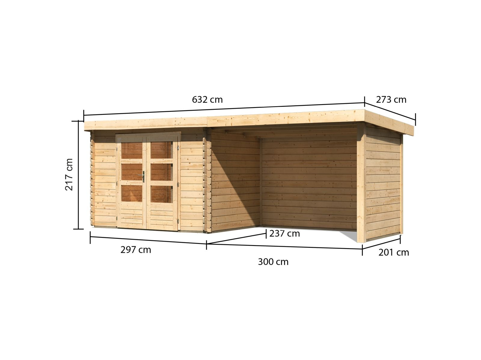 Karibu Gartenhaus Bastrup 3 mit Anbaudach 3 Meter inkl. Rück-und Seitenwand