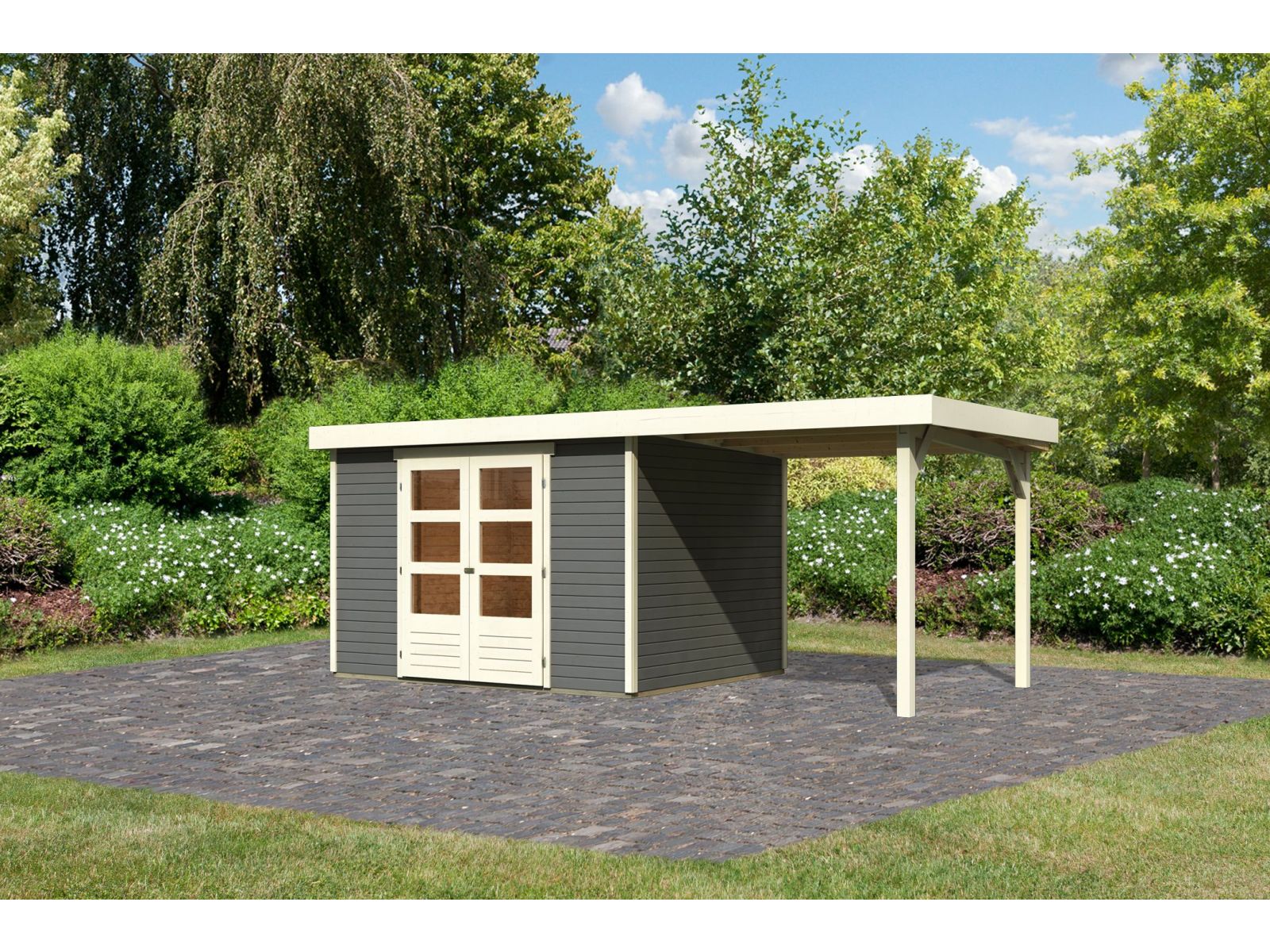 Karibu Gartenhaus Askola 5 mit Anbaudach 2,40 Meter terragrau