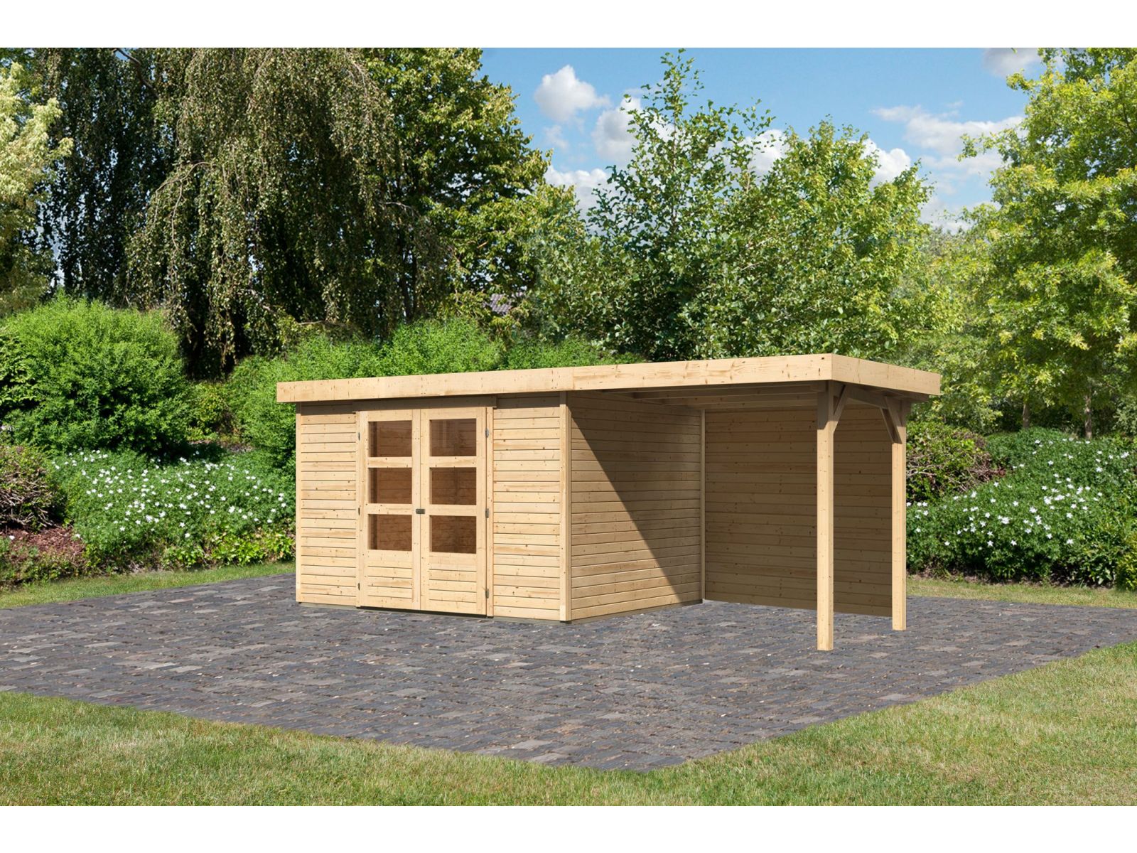 Karibu Gartenhaus Askola 5 mit Anbaudach 2,4 m, Rückwand