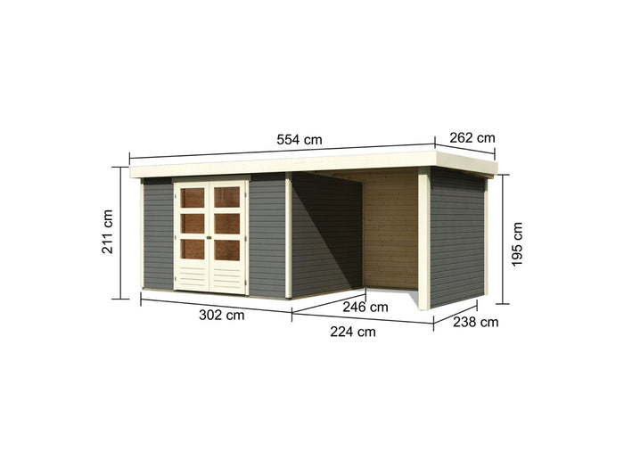 Karibu Gartenhaus Askola 5 mit Anbaudach 2,4 Meter, Seiten- und Rückwand in terragrau