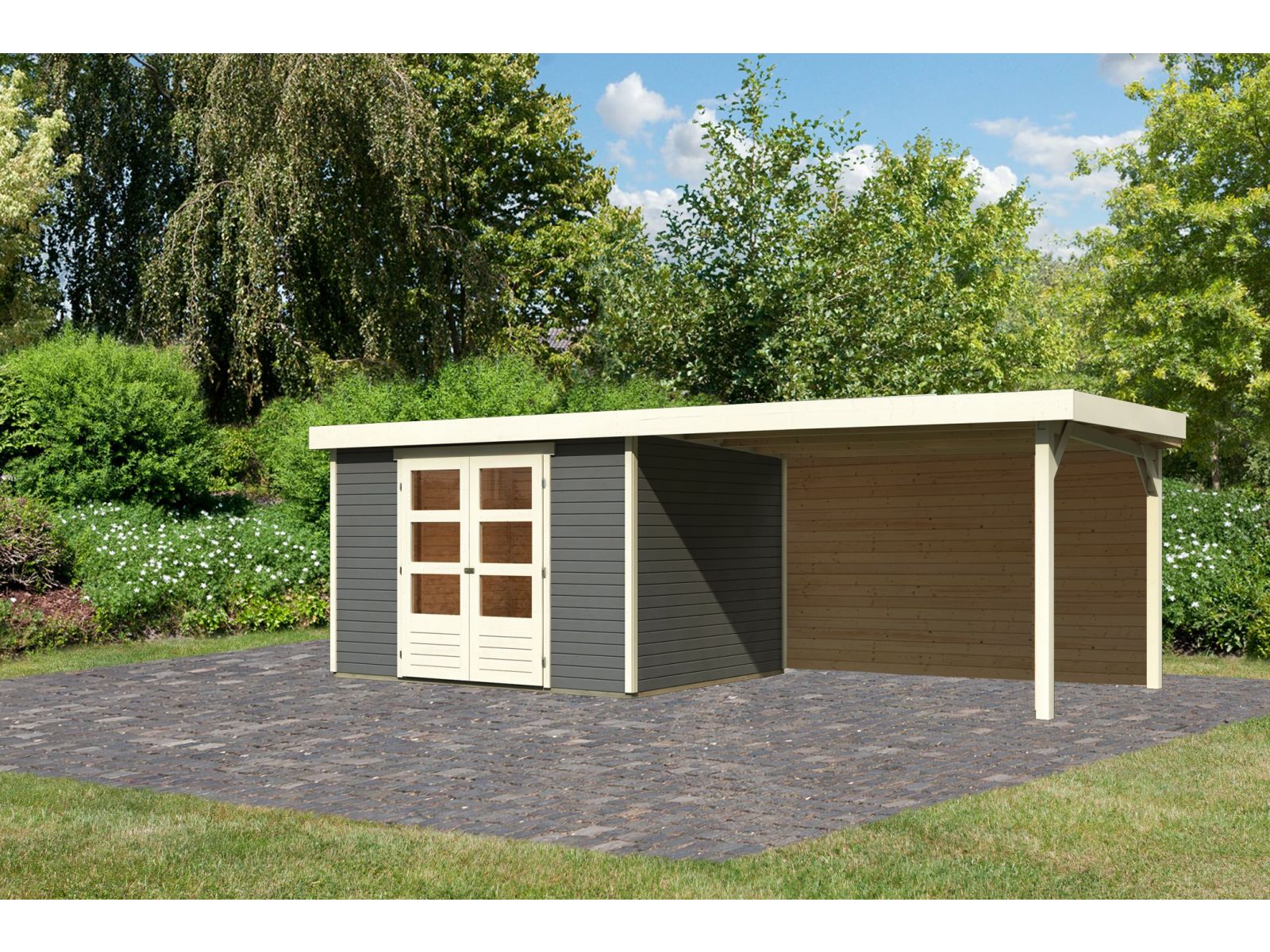 Karibu Gartenhaus Askola 5 mit Anbaudach 2,8 m, Rückwand in terragrau