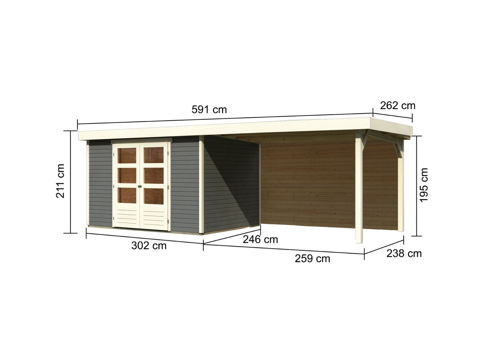 Karibu Gartenhaus Askola 5 mit Anbaudach 2,8 m, Rückwand in terragrau