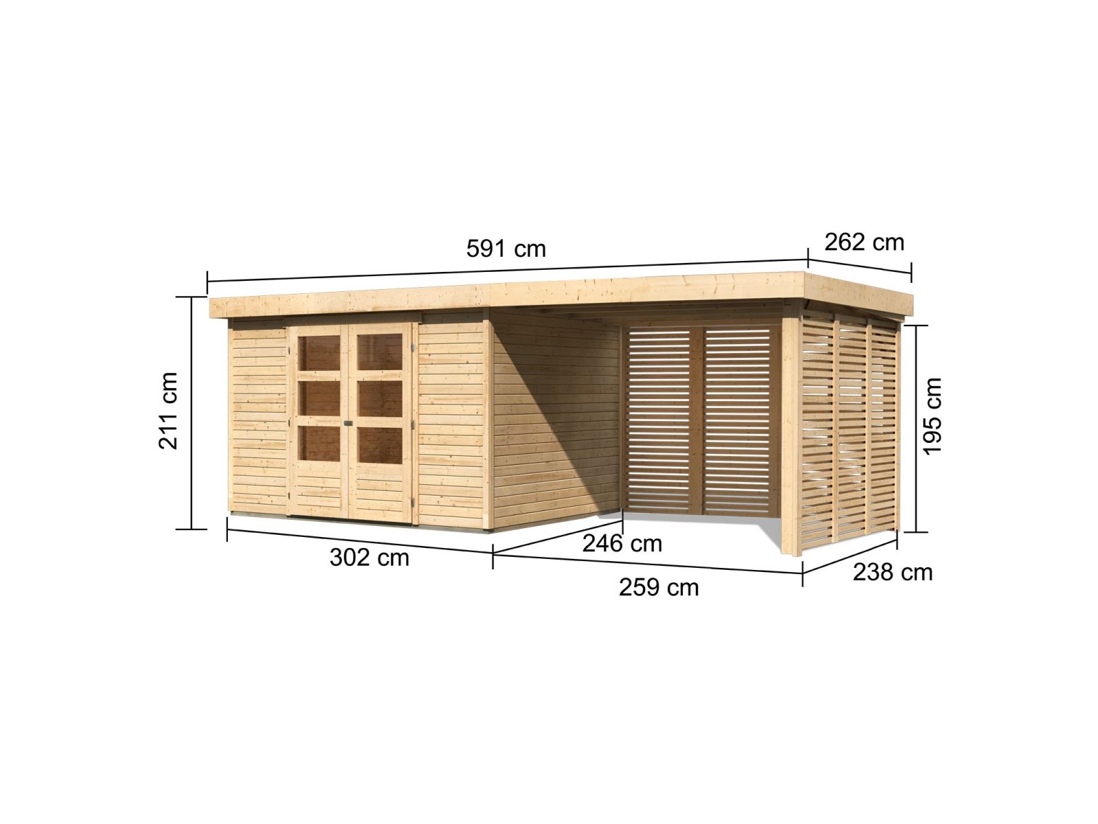 Karibu Gartenhaus Askola 5 mit Anbaudach 2,8 m, Lamellenwände