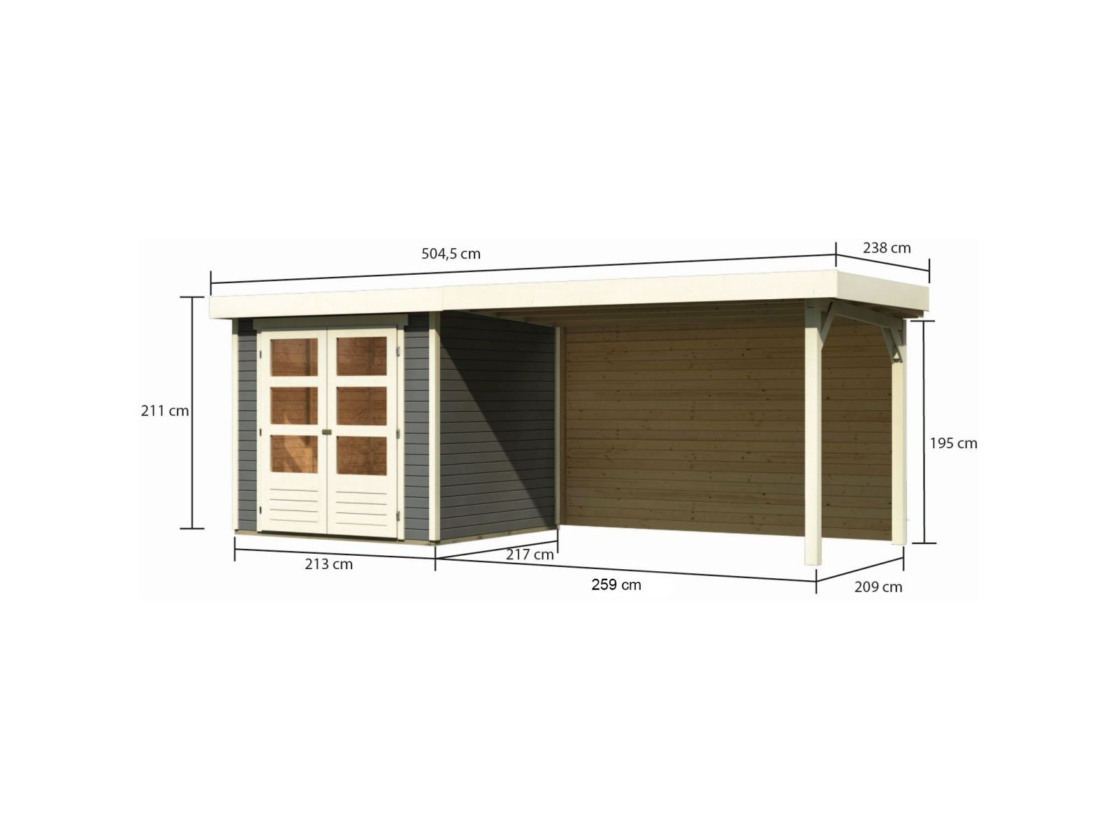 Karibu Gartenhaus Askola 2 mit Anbaudach 2,8 m und Rückwand in terragrau