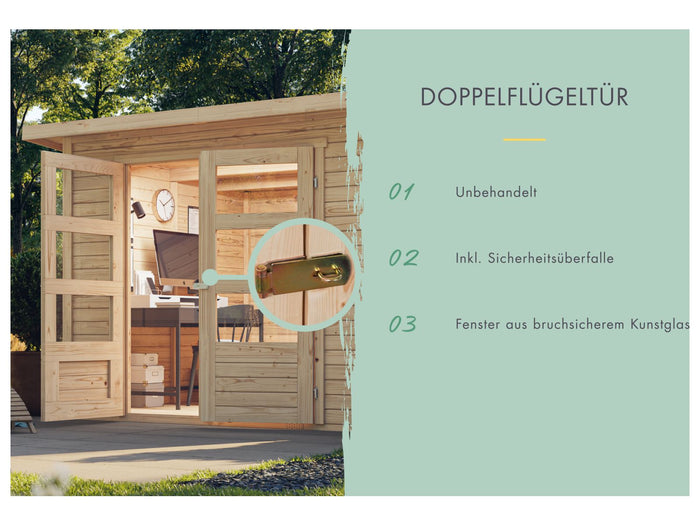 Karibu Gartenhaus Askola 2 mit Anbaudach 2,8 m und Seiten- und Rückwand in Lamellenoptik