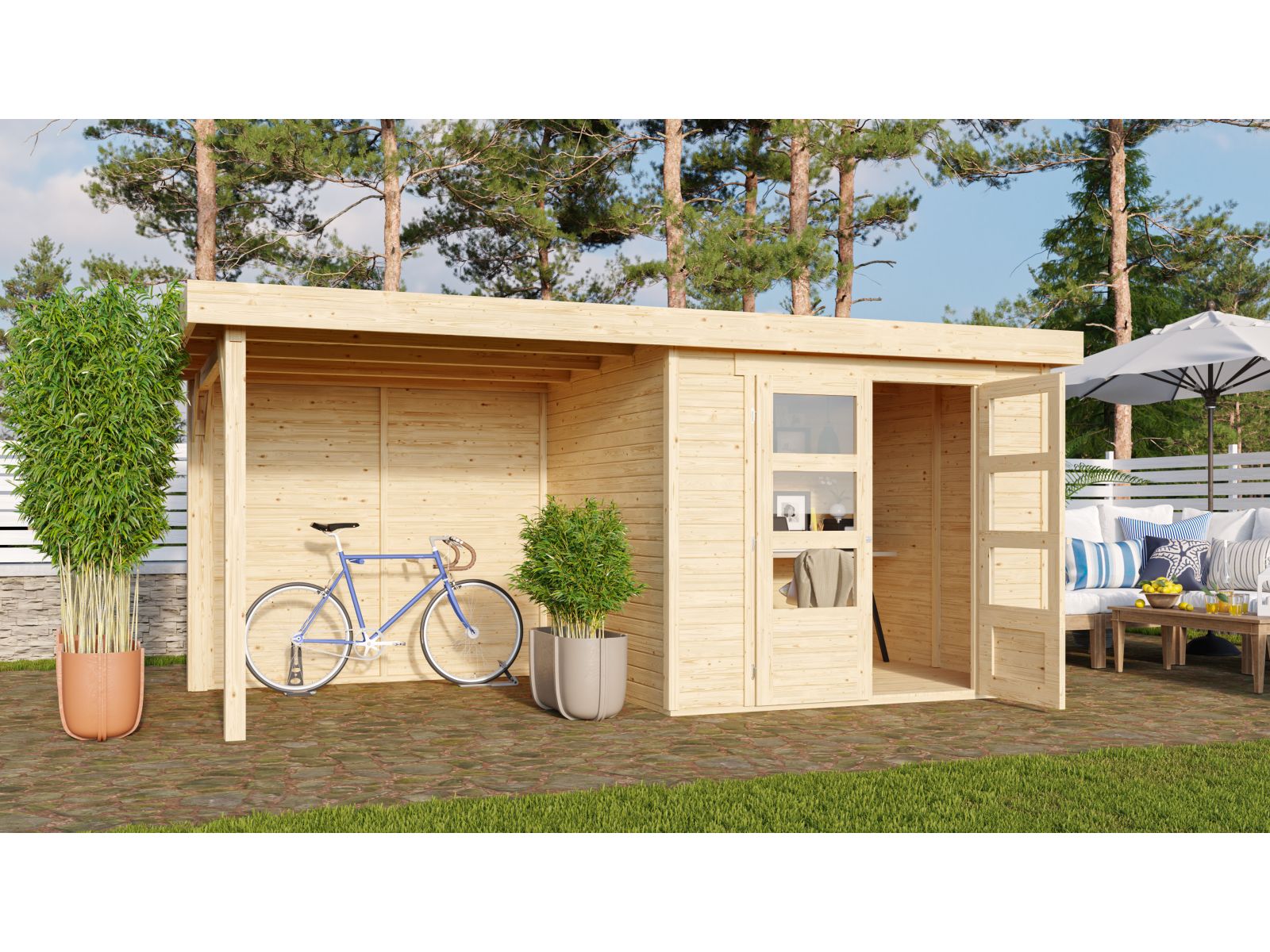 Karibu Gartenhaus Askola 3 mit Anbaudach 2,4 m, Rückwand