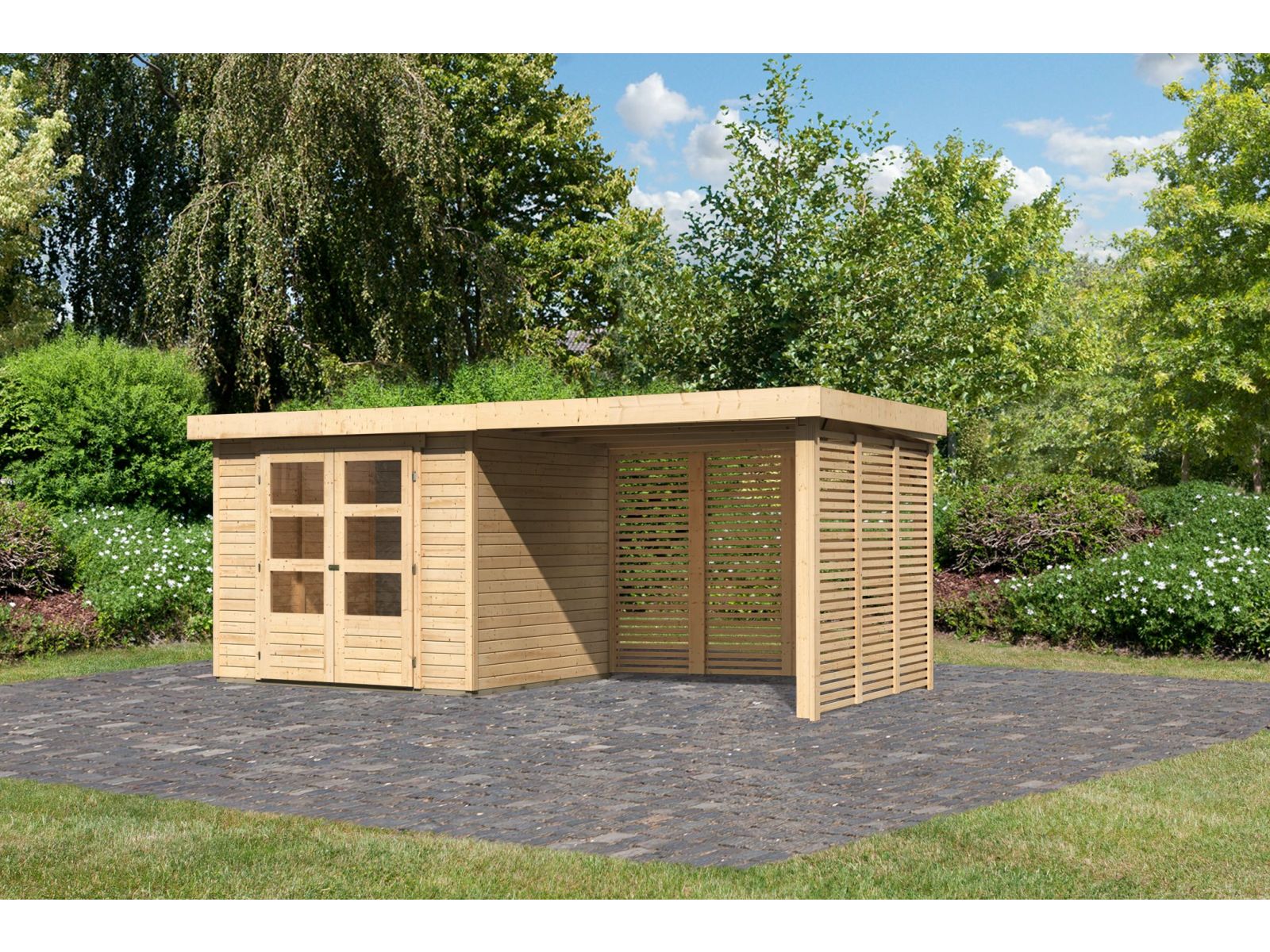 Karibu Gartenhaus Askola 3 mit Anbaudach 2,80 m, Seiten- und Rückwand in Lamellenoptik