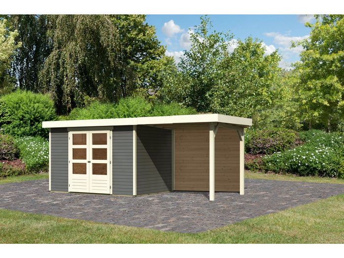 Karibu Gartenhaus Askola 4 mit Anbaudach 2,4 Meter, Rückwand, terragrau