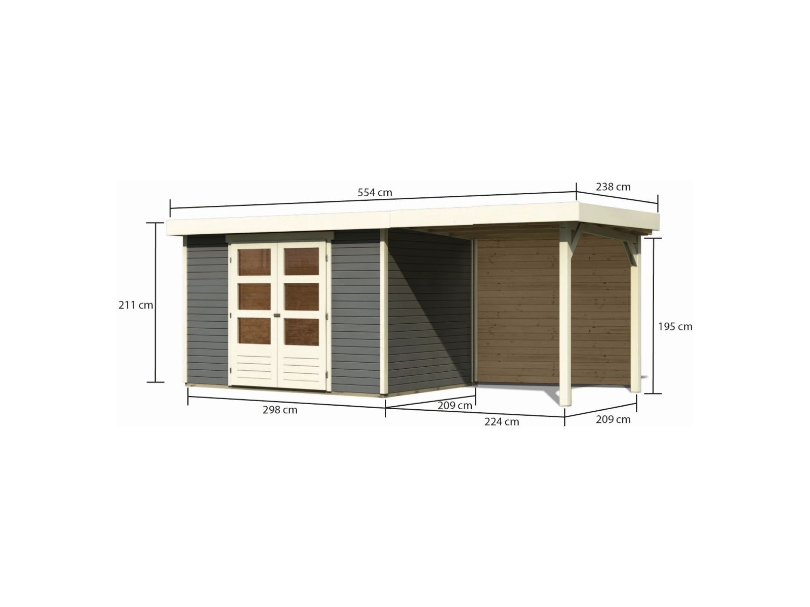 Karibu Gartenhaus Askola 4 mit Anbaudach 2,4 Meter, Rückwand, terragrau