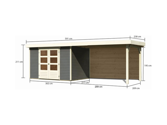 Karibu Gartenhaus Askola 4 mit Anbaudach 2,8 m mit Rückwand, terragrau