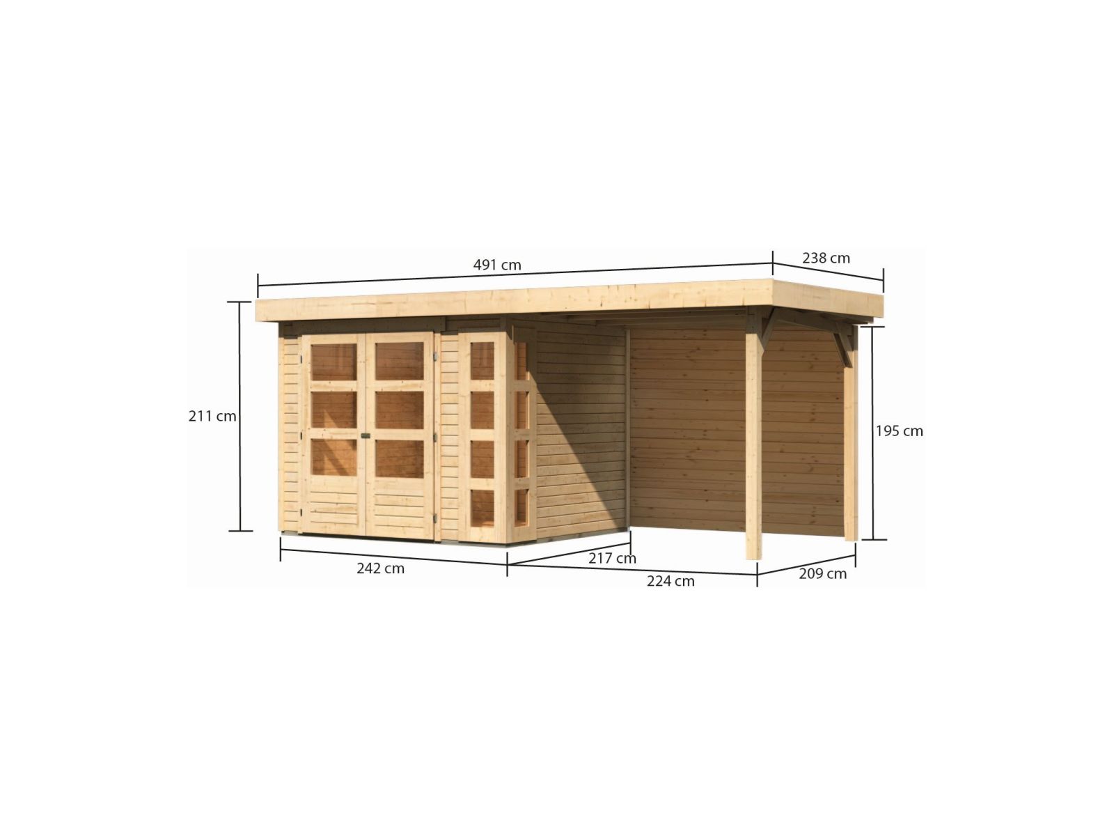 Karibu Gartenhaus Kerko 3 natur mit 2,40 m Anbaudach, Rückwand