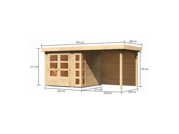 Karibu Gartenhaus Kerko 3 natur mit 2,40 m Anbaudach, Rückwand