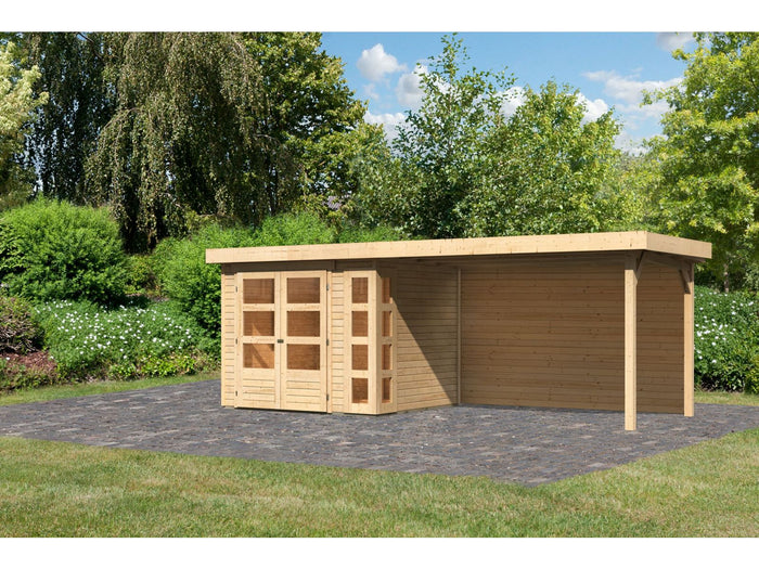 Karibu Gartenhaus Kerko 3 natur mit Anbaudach 2,80 m inkl. Rückwand
