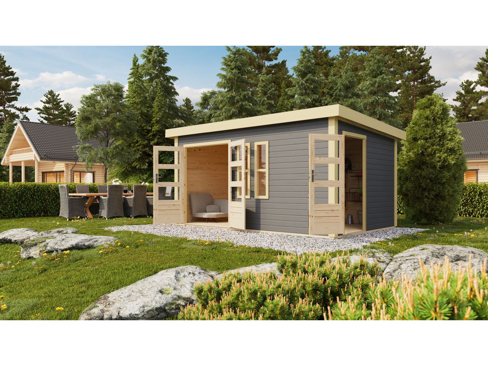 Karibu Gartenhaus Schönbuch 2 in terragrau 38 mm 2-Raum-Haus