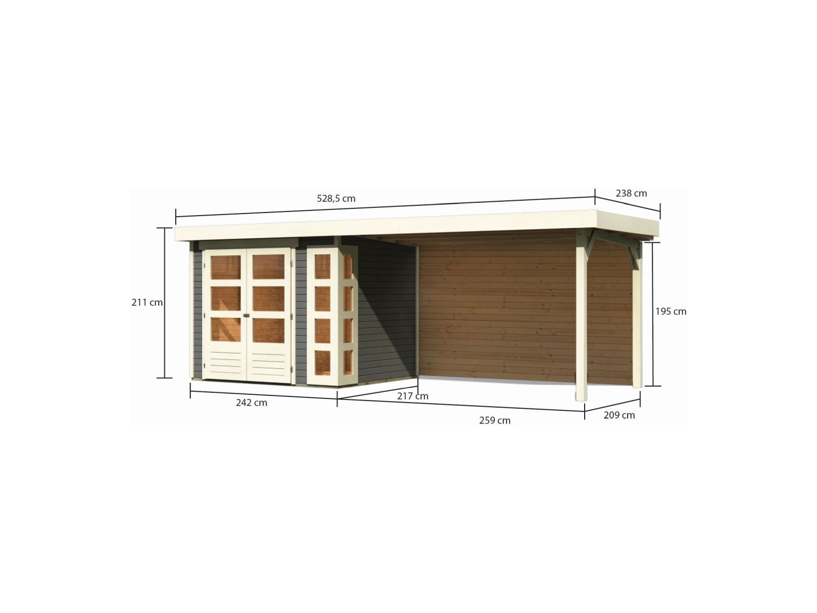 Karibu Gartenhaus Kerko 3 terragrau mit Anbaudach 2,80 m inkl. Rückwand
