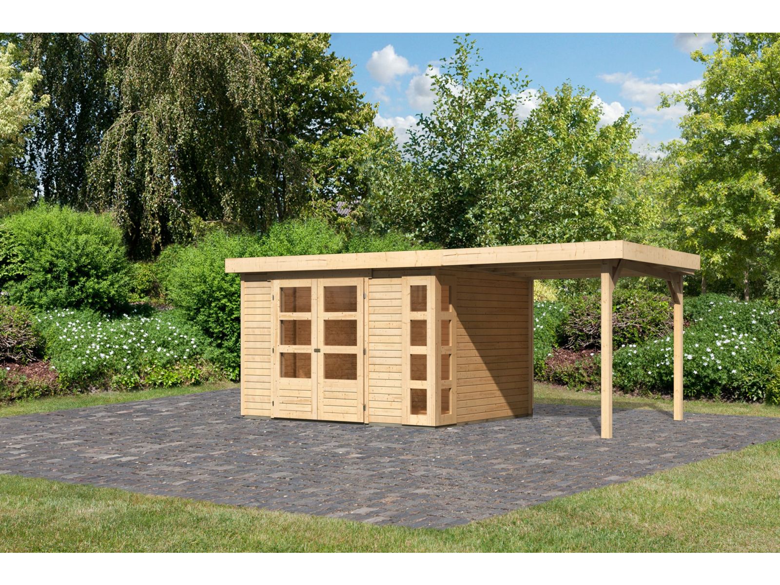 Karibu Gartenhaus Kerko 5 natur mit Anbaudach 2,40 m