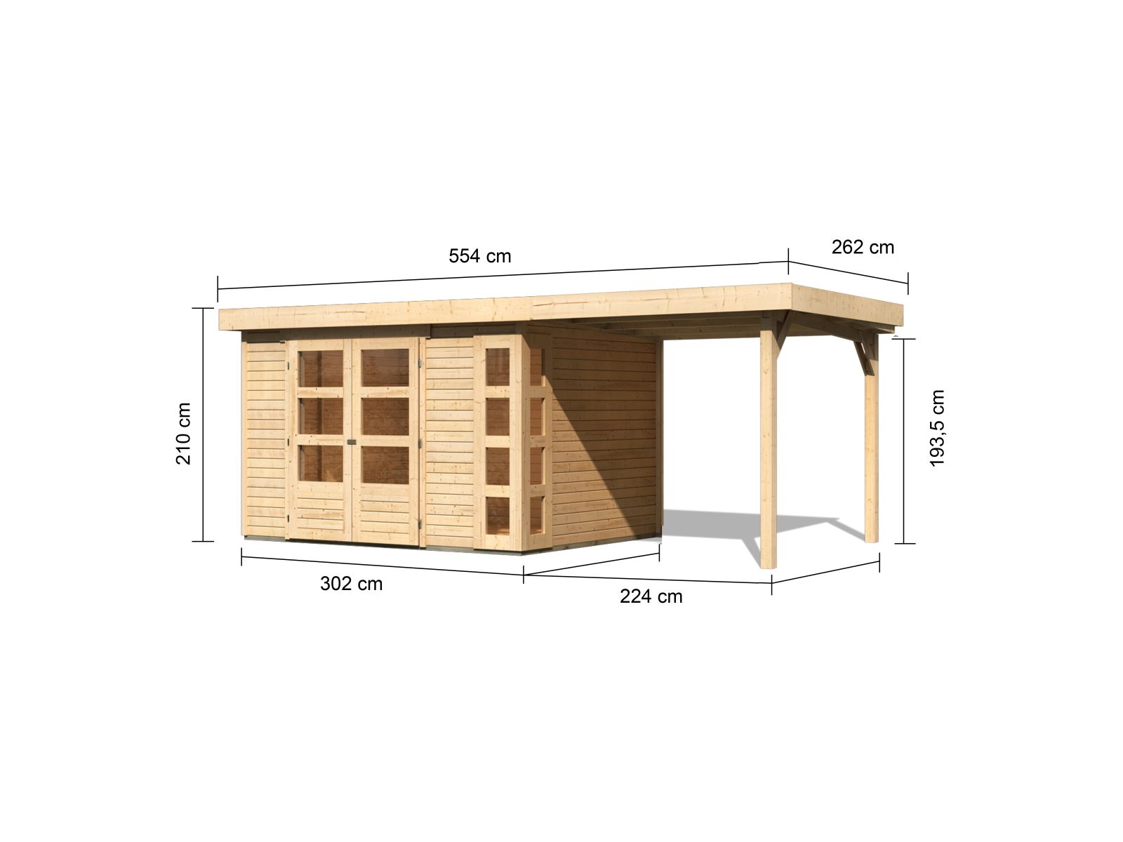 Karibu Gartenhaus Kerko 5 natur mit Anbaudach 2,40 m