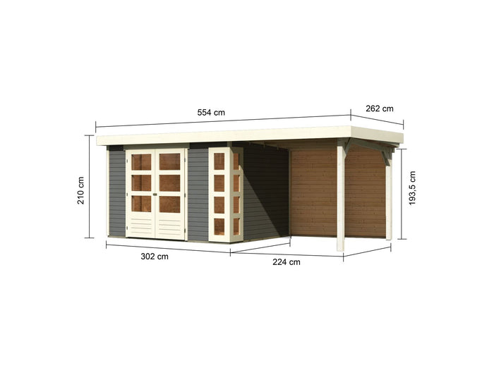 Karibu Gartenhaus Kerko 5 terragrau mit Anbaudach 2,40 m inkl. Rückwand