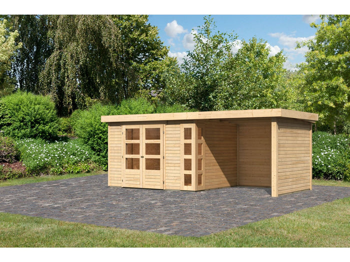 Karibu Gartenhaus Kerko 5 natur mit Anbaudach 2,40 m inkl. Seiten- und Rückwand