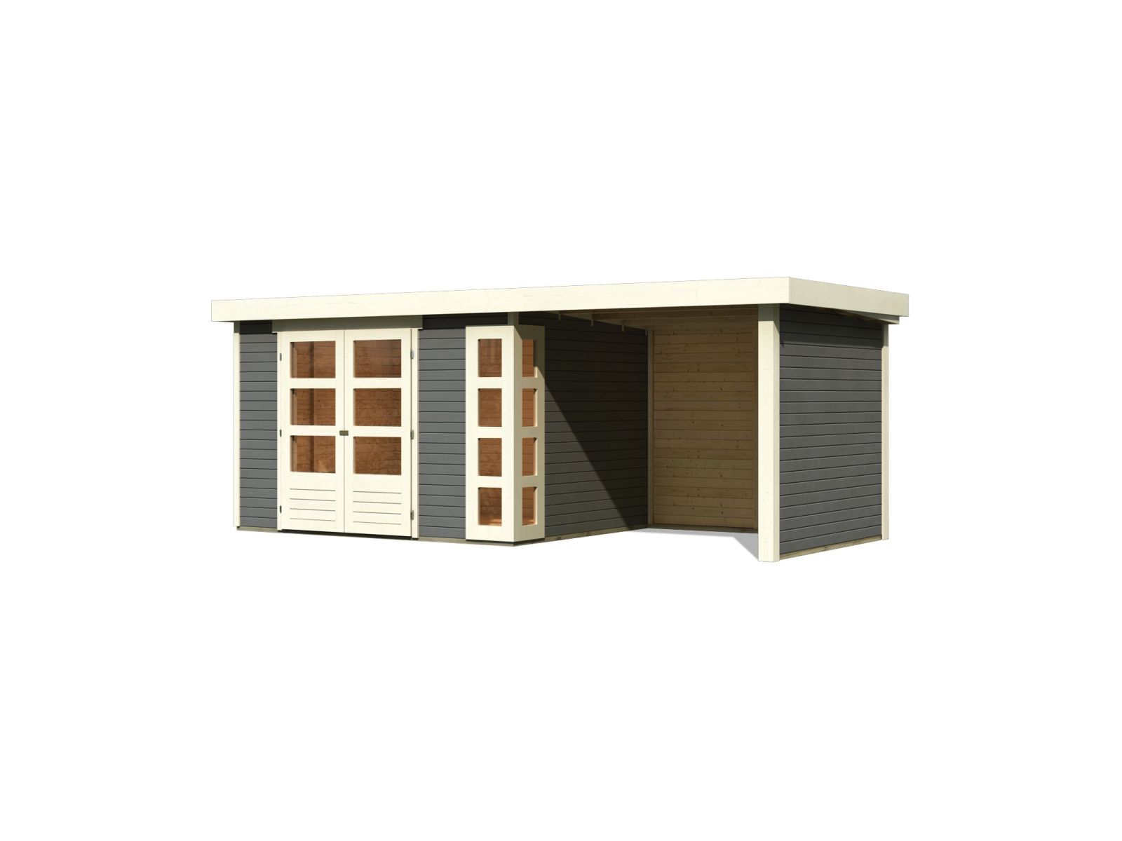 Karibu Gartenhaus Kerko 5 terragrau mit Anbaudach 2,40 m inkl. Seiten- und Rückwand