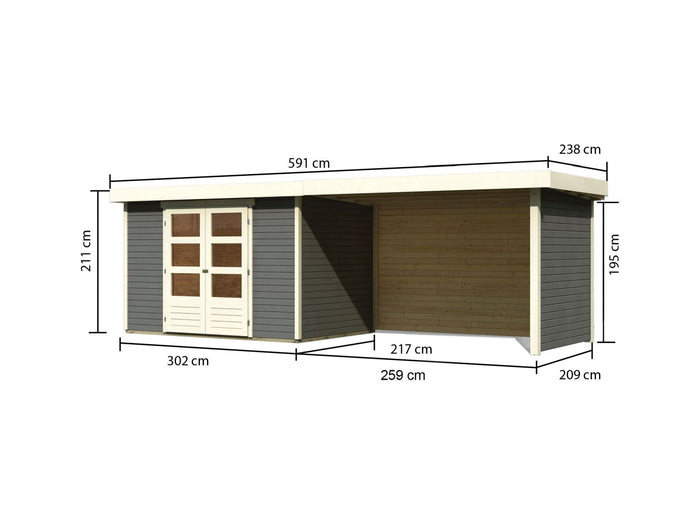 Karibu Gartenhaus Askola 4 terragrau mit Anbaudach 2,80 Meter inkl. Rück-und Seitenwand