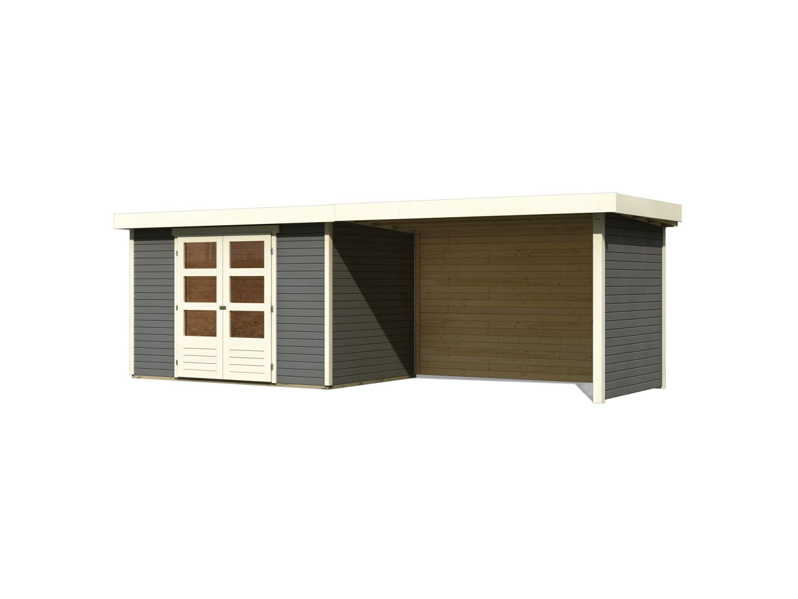 Karibu Gartenhaus Askola 4 terragrau mit Anbaudach 2,80 Meter inkl. Rück-und Seitenwand