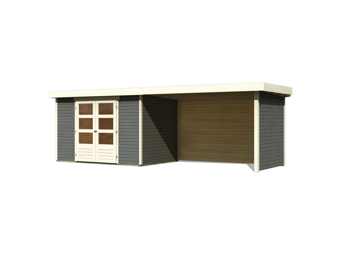 Karibu Gartenhaus Askola 4 terragrau mit Anbaudach 2,80 Meter inkl. Rück-und Seitenwand