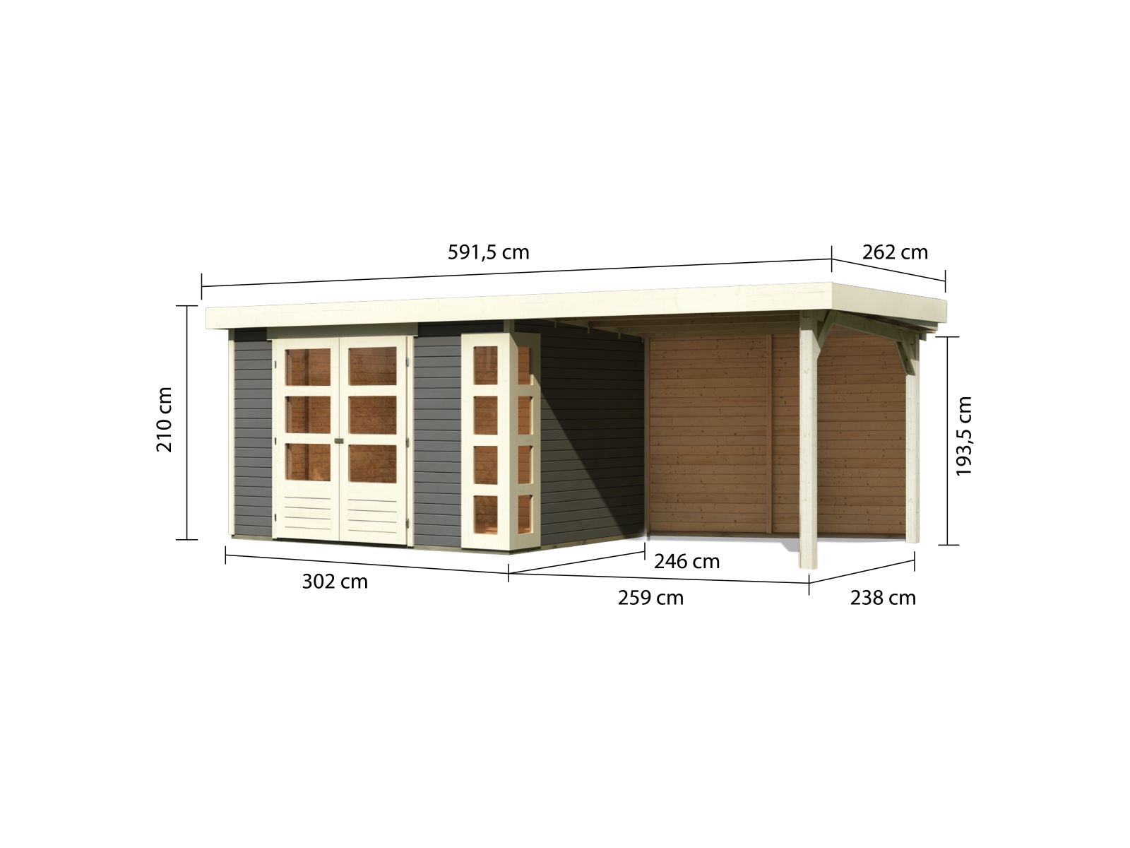 Karibu Gartenhaus Kerko 5 terragrau mit Anbaudach 2,80 m inkl. Rückwand