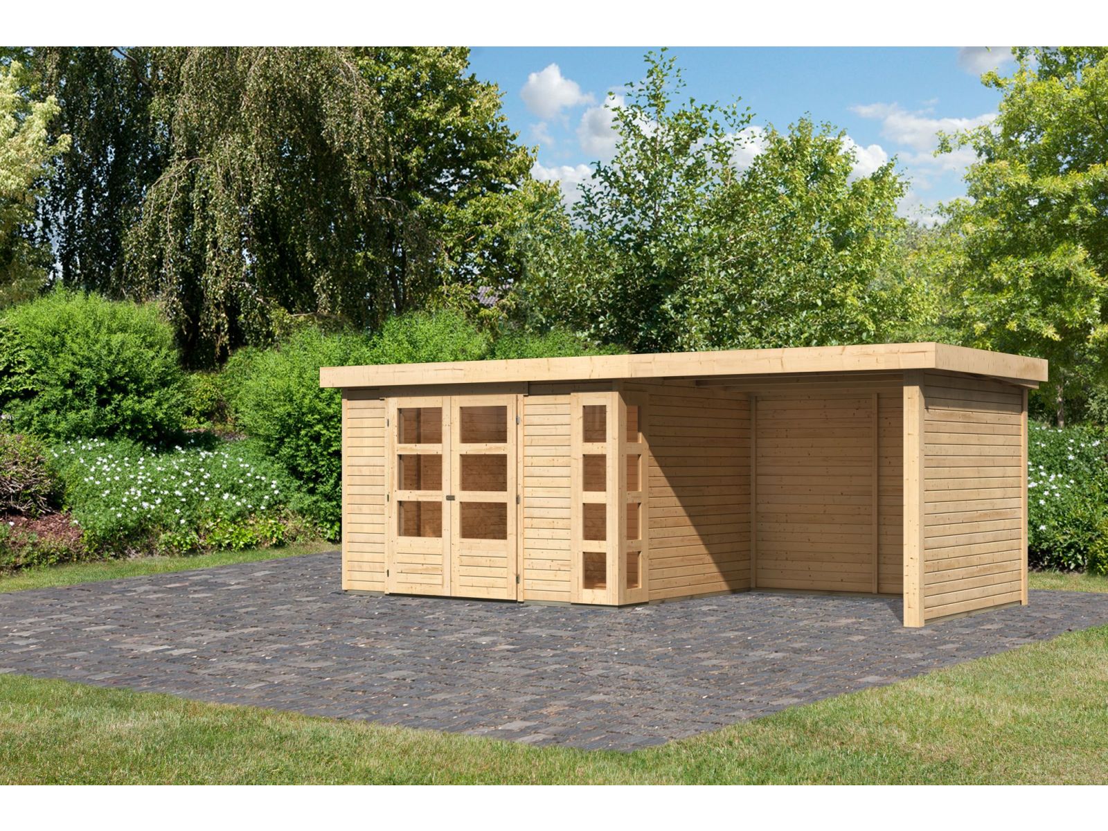 Karibu Gartenhaus Kerko 5 natur mit Anbaudach 2,80 m inkl. Seiten- und Rückwand