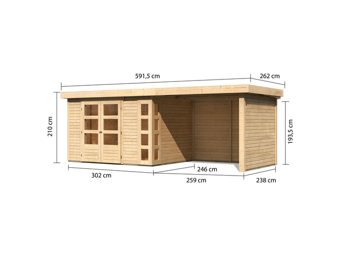 Karibu Gartenhaus Kerko 5 natur mit Anbaudach 2,80 m inkl. Seiten- und Rückwand