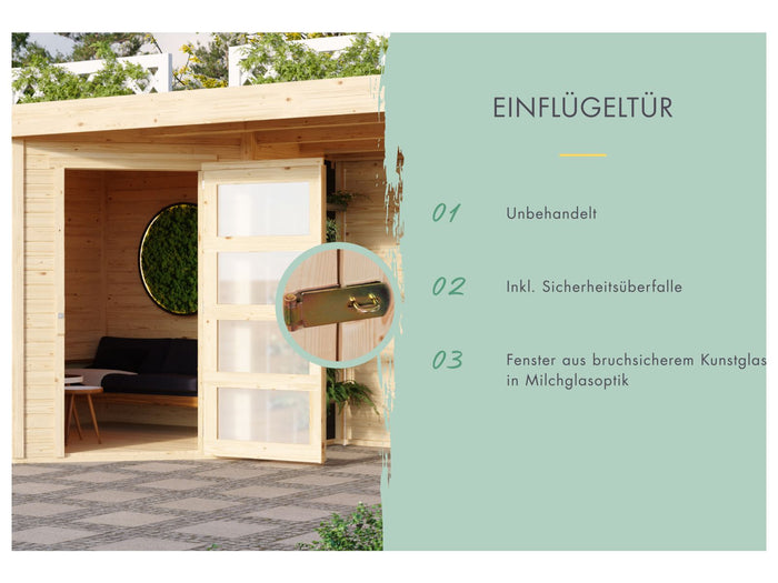 Karibu Gartenhaus Schwandorf 3 natur mit Anbaudach 2,4 m, Rückwand