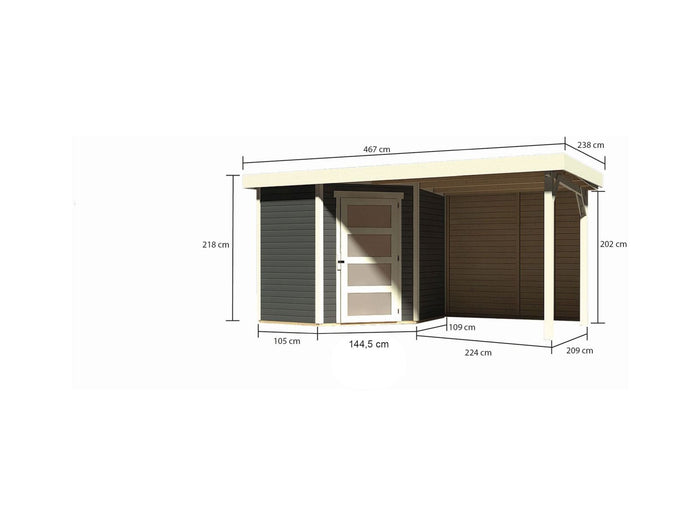 Karibu Gartenhaus Schwandorf 3 terragrau mit Anbaudach 2,4 m, Rückwand