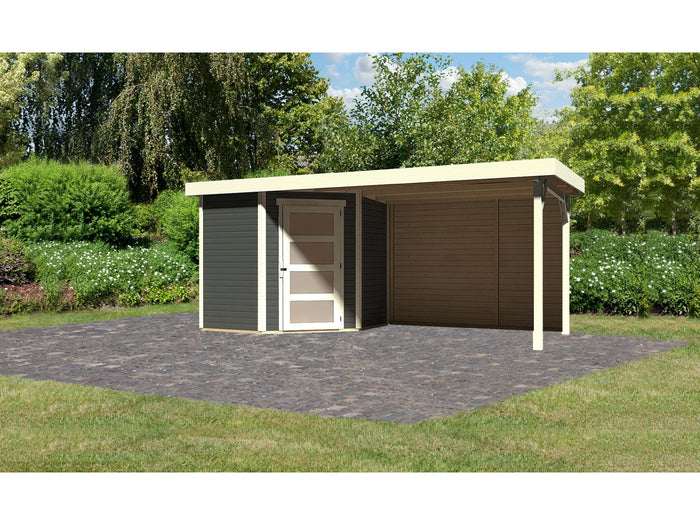 Karibu Gartenhaus Schwandorf 3 terragrau mit Anbaudach 2,8 m inkl. Rückwand
