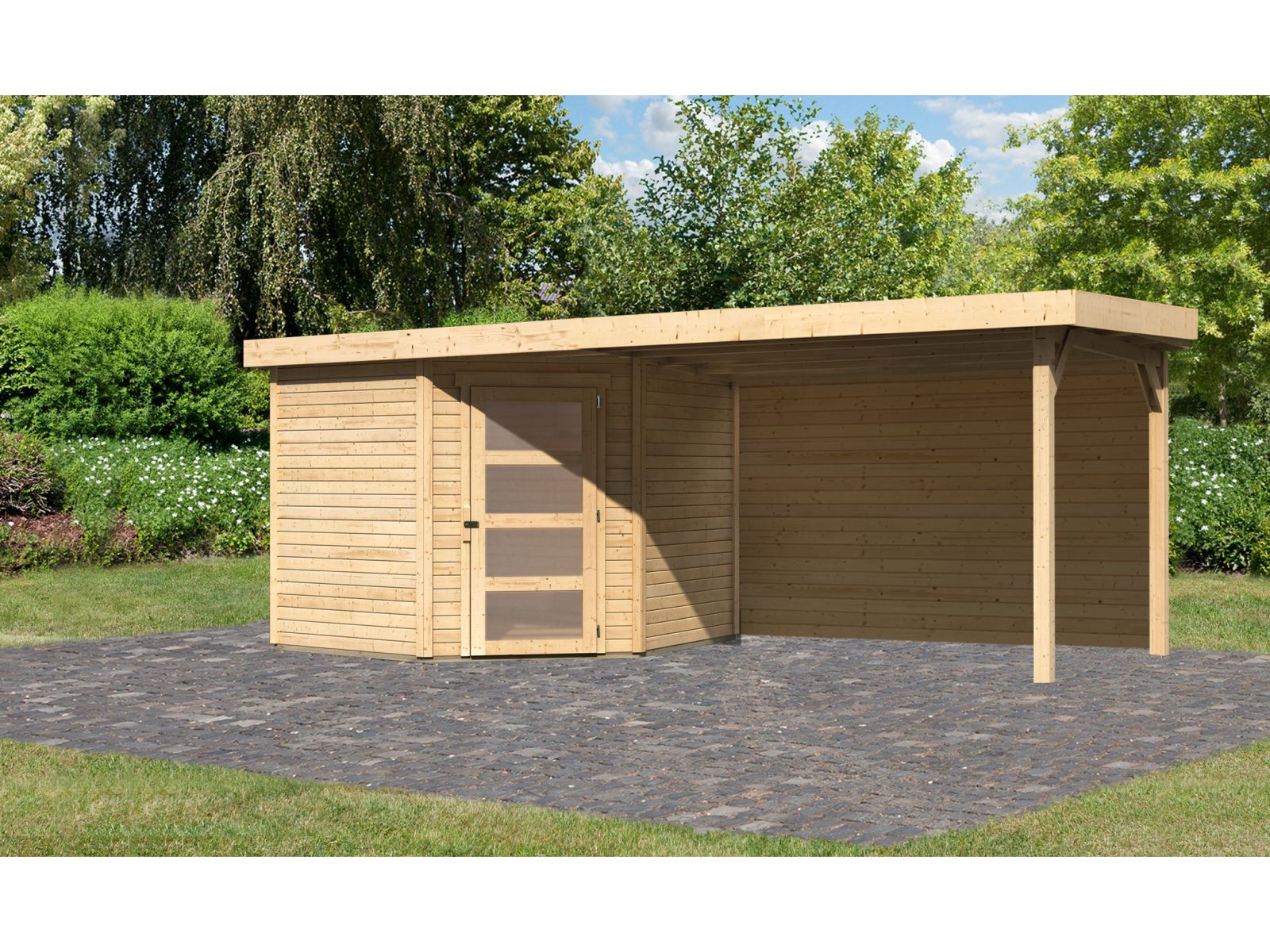 Karibu Gartenhaus Schwandorf 5 natur mit Anbaudach 2,8 m inkl. Rückwand