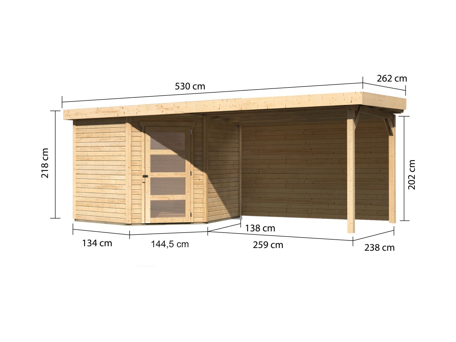 Karibu Gartenhaus Schwandorf 5 natur mit Anbaudach 2,8 m inkl. Rückwand