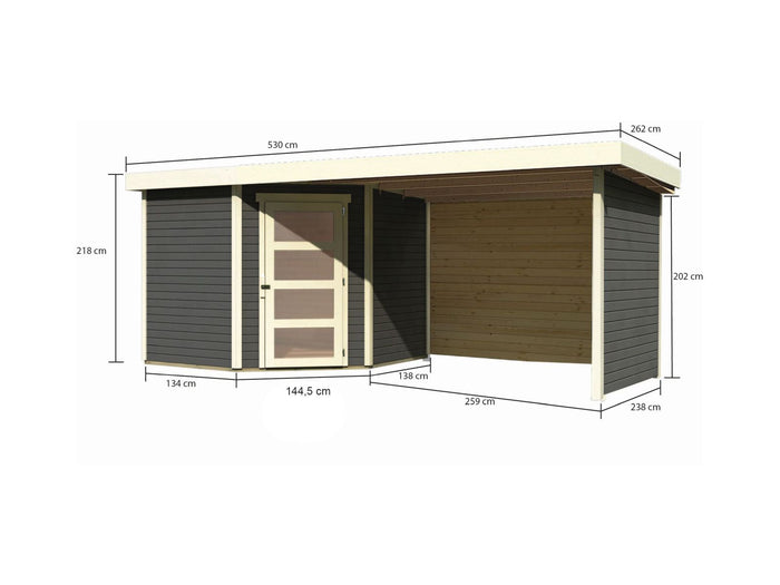 Karibu Gartenhaus Schwandorf 5 terragrau mit Anbaudach 2,8 m inkl. Seiten- und Rückwand