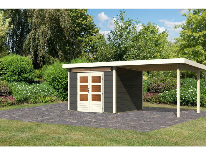 Karibu Gartenhaus Kandern 6 in terragrau mit Anbaudach 3,2 Meter