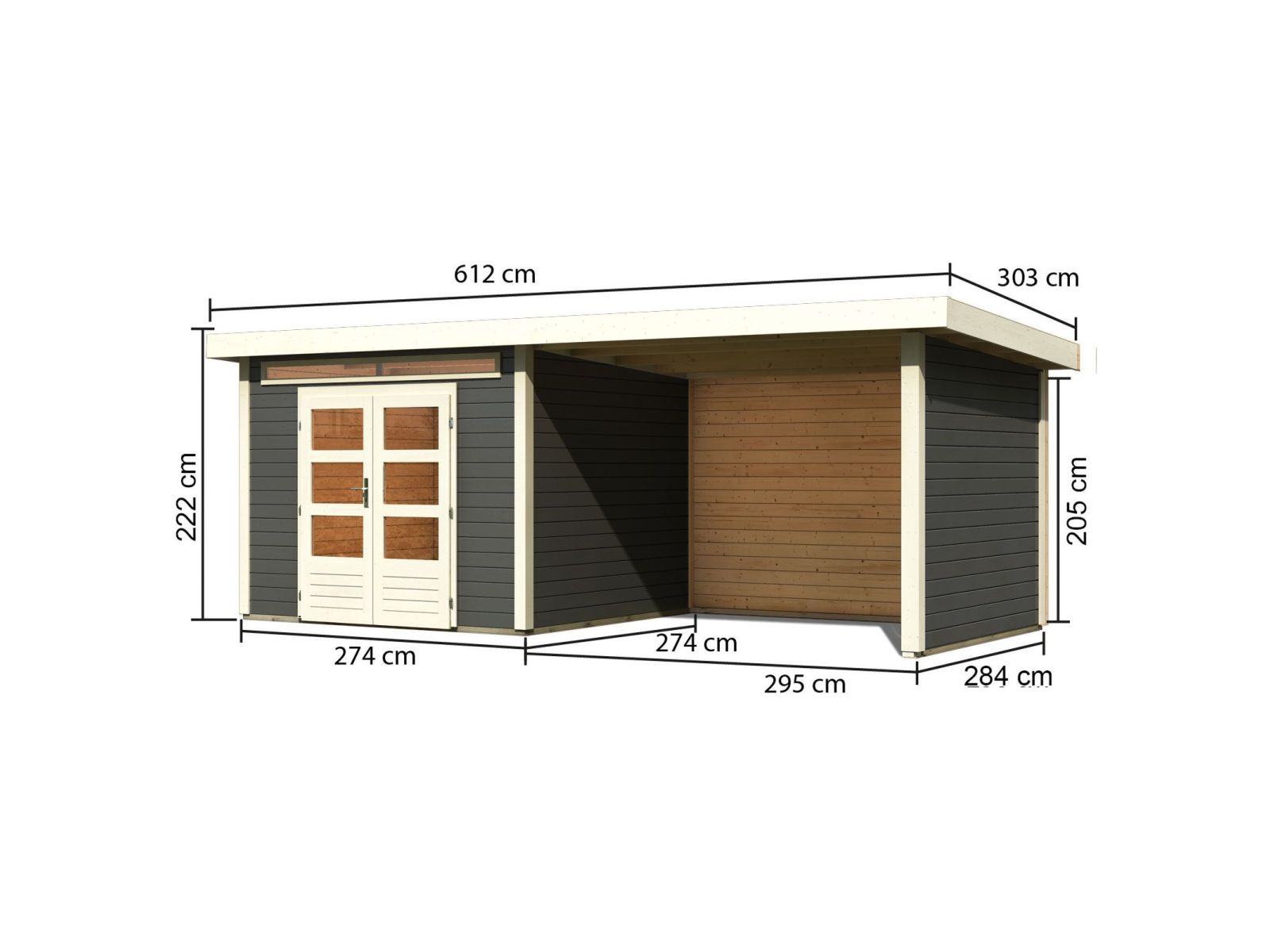 Karibu Gartenhaus Kandern 6 in terragrau mit Anbaudach 3,2 Meter inkl. Rück- und Seitenwand