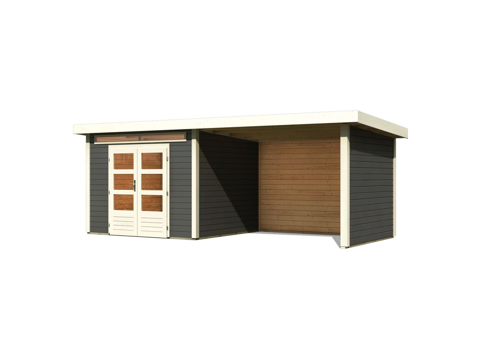 Karibu Gartenhaus Kandern 6 in terragrau mit Anbaudach 3,2 Meter inkl. Rück- und Seitenwand