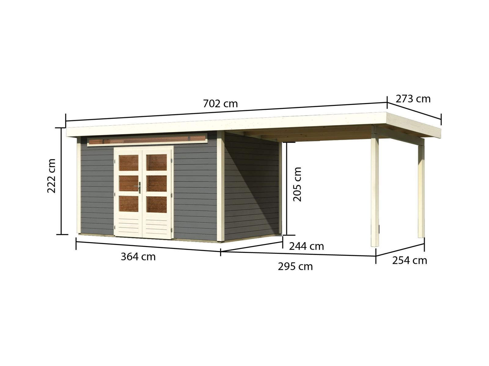 Karibu Gartenhaus Kandern 7 in terragrau mit Anbaudach 3,20 Meter