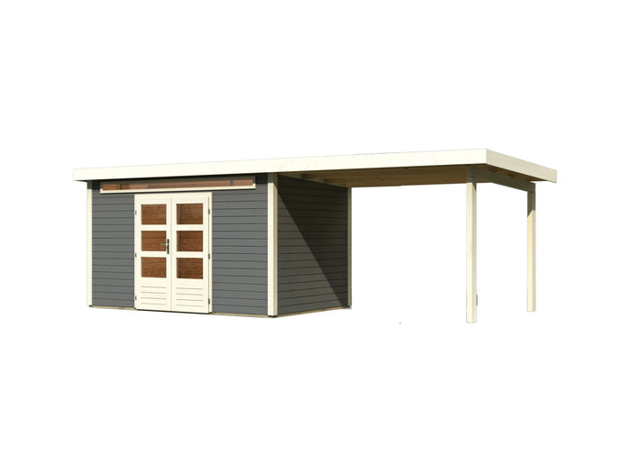 Karibu Gartenhaus Kandern 7 in terragrau mit Anbaudach 3,20 Meter